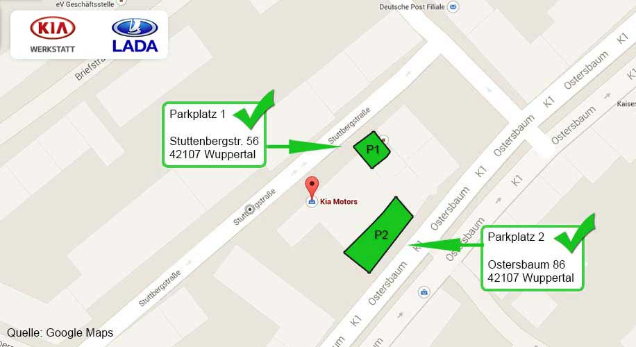 Bei KIA und LADA Autohaus in Wuppertal stehen Ihnen zwei Kundenparkplätze zur Verfügung.